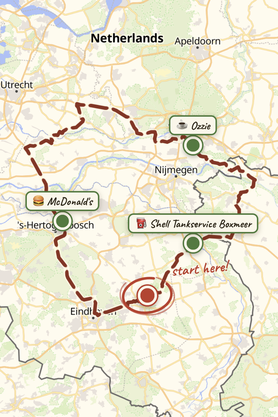 A planned loop through the Netherlands with fuel, coffee and burger stops